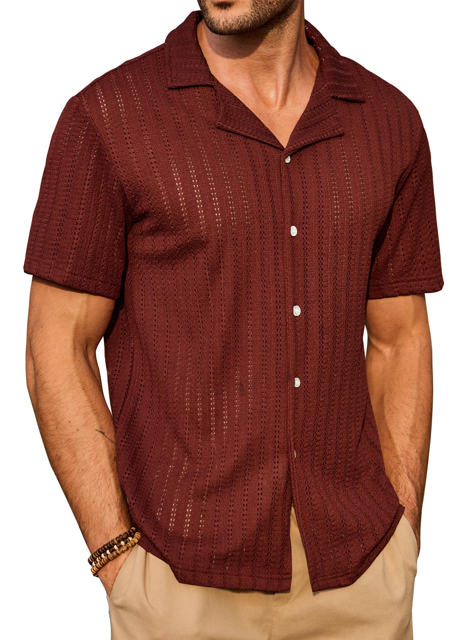 Men Crochet Shirts Summer Beach Button Down Casual Hollow Out Cuban Top (S-XXL)