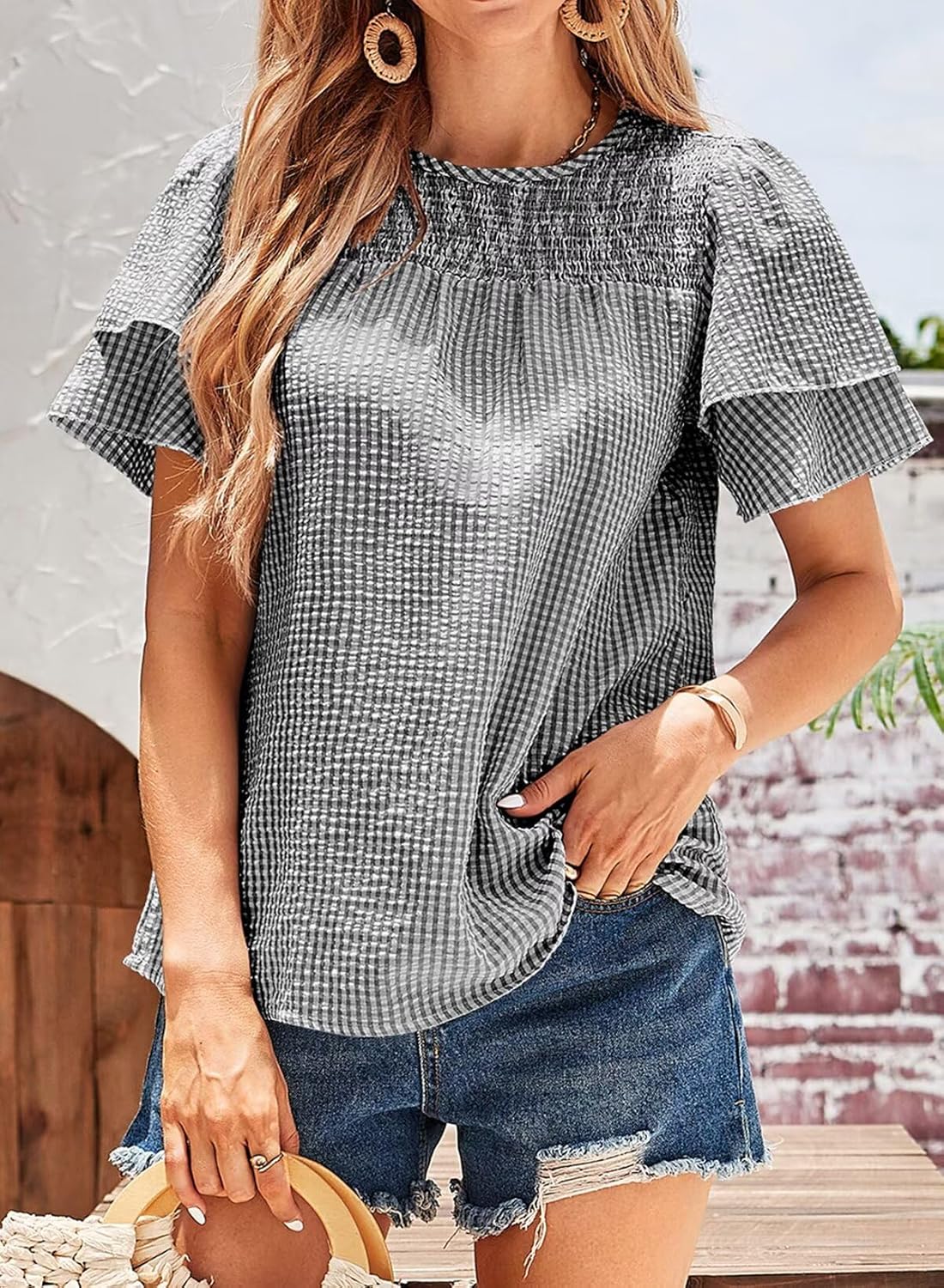 Womens Tops Dressy Casual Cute Babydoll Ruffle Sleeve Blouses Summer Gingham Flowy Peplum Peasant Shirts - Image 6