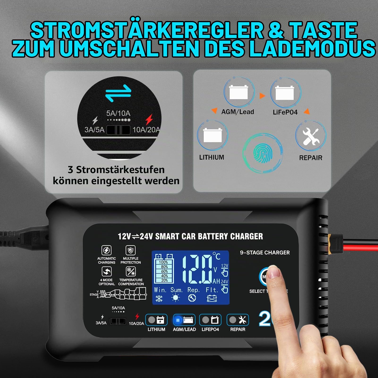 Haisito 20A Autobatterieladegerät, 12V 24V 20A, Erhaltungsladegerät und Entschwefelungsgerät, geeignet für Lithium, LiFePO4, Bleisäure (AGM, Gel usw.) Motorräder, Autos, Boote, Rasenmäher usw.
