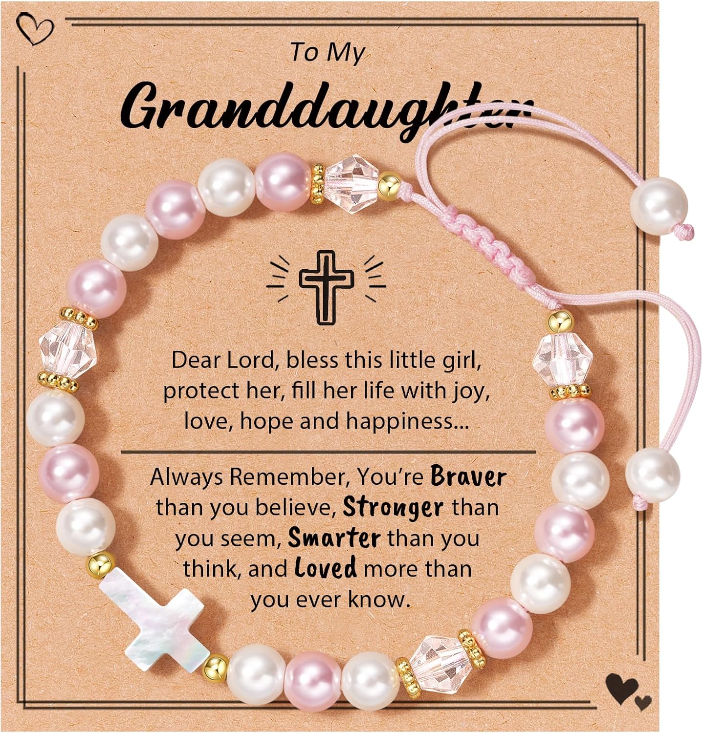 HGDEER Birthday Gifts for Girls, Adjustable Pink White Pearl Cross Bracelet for Girls Daughter Granddaughter Niece