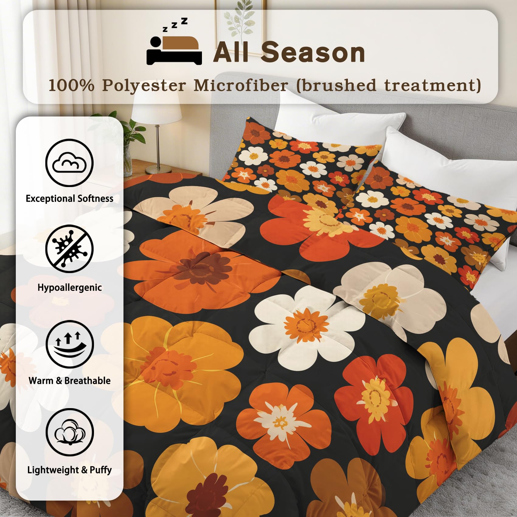 Blumen Bettdecke 135x200 4 Jahreszeiten, Vintage Retro Orange Bettdecke Ohne Bezug Warm Steppdecke Ganzjahresdecke Winterdecke Mit Kissenbezug, Schlafzimmer Deko Blumen