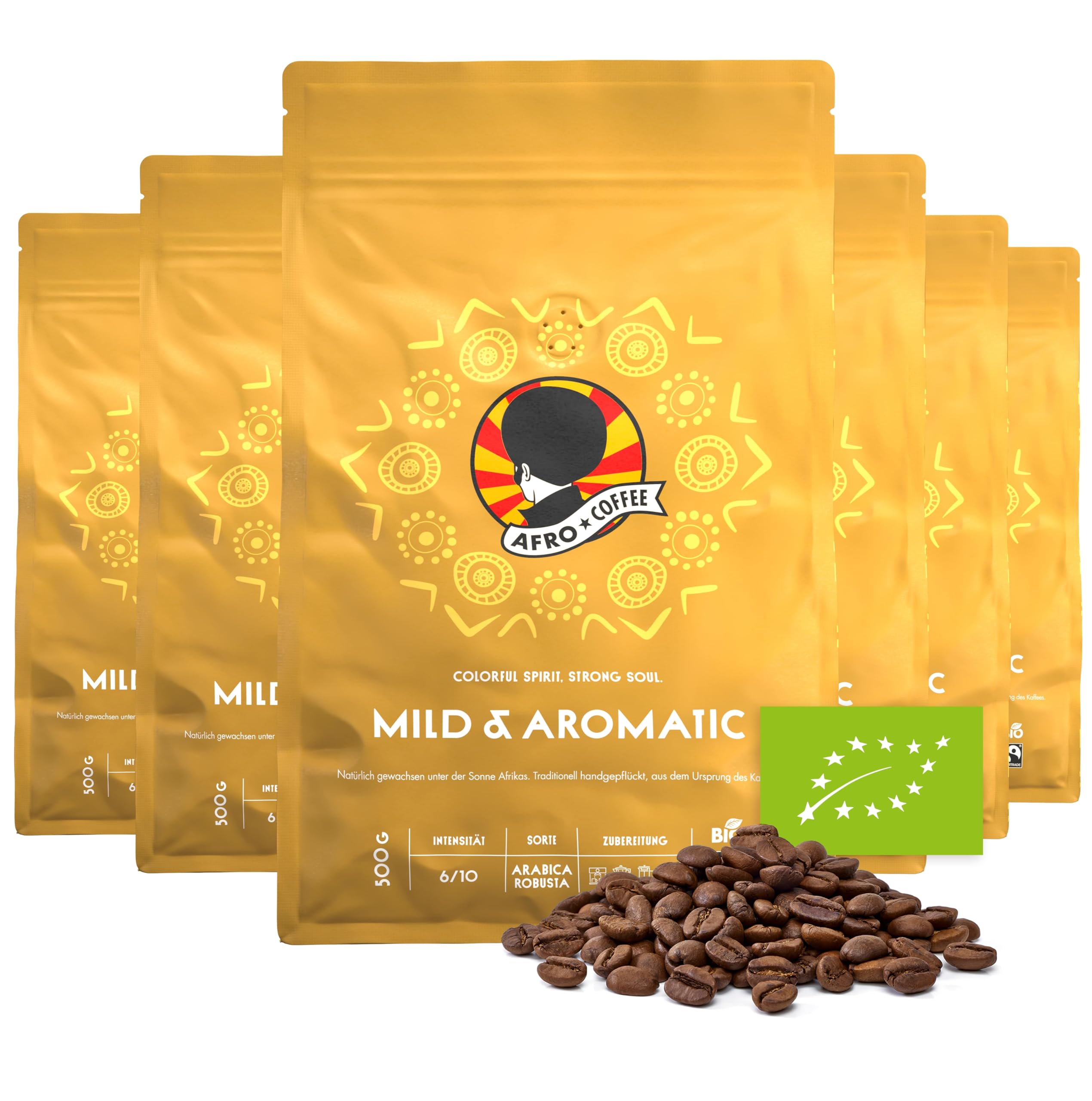 AFRO COFFEE Mild & Aromatic I 6 Pack I 500g Premium Bio Kaffeebohnen Fairtrade I Arabica & Robusta ganze Bohnen I Bohnenkaffee aus Ostafrika I blumige Note, handgepflückt, mittel geröstet, säurearm