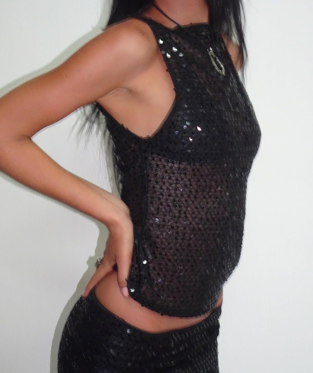 Women Sexy See Through Sequin Crop Tank Top Sleeveless Crewneck Mesh Shirts Tops Sparkly Party Club Going Out Tops - Image 4