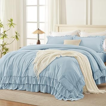 Andency Light Blue Ruffle Comforter Set King, 3 Pieces Solid Bedding | Soft Fluffy Lightweight Polyester Fabric, Shabby Chic Farmhouse All Season Bed Set 1 Comforter 2 Pillowcases