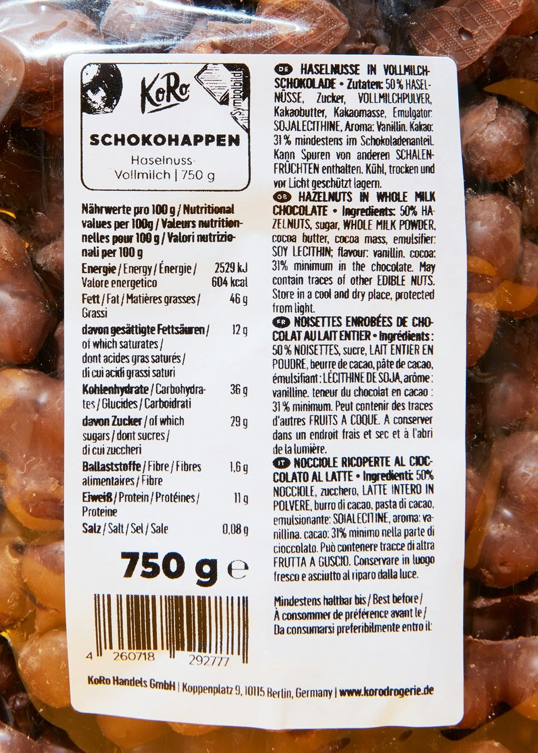 KoRo - Bouchées de noisettes enrobées de chocolat au lait entier 750 g