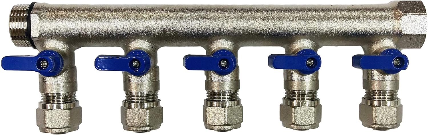 5 Loop Plumbing Manifold w/ 3/4" trunk & 1/2" pex ball valves, blue handle