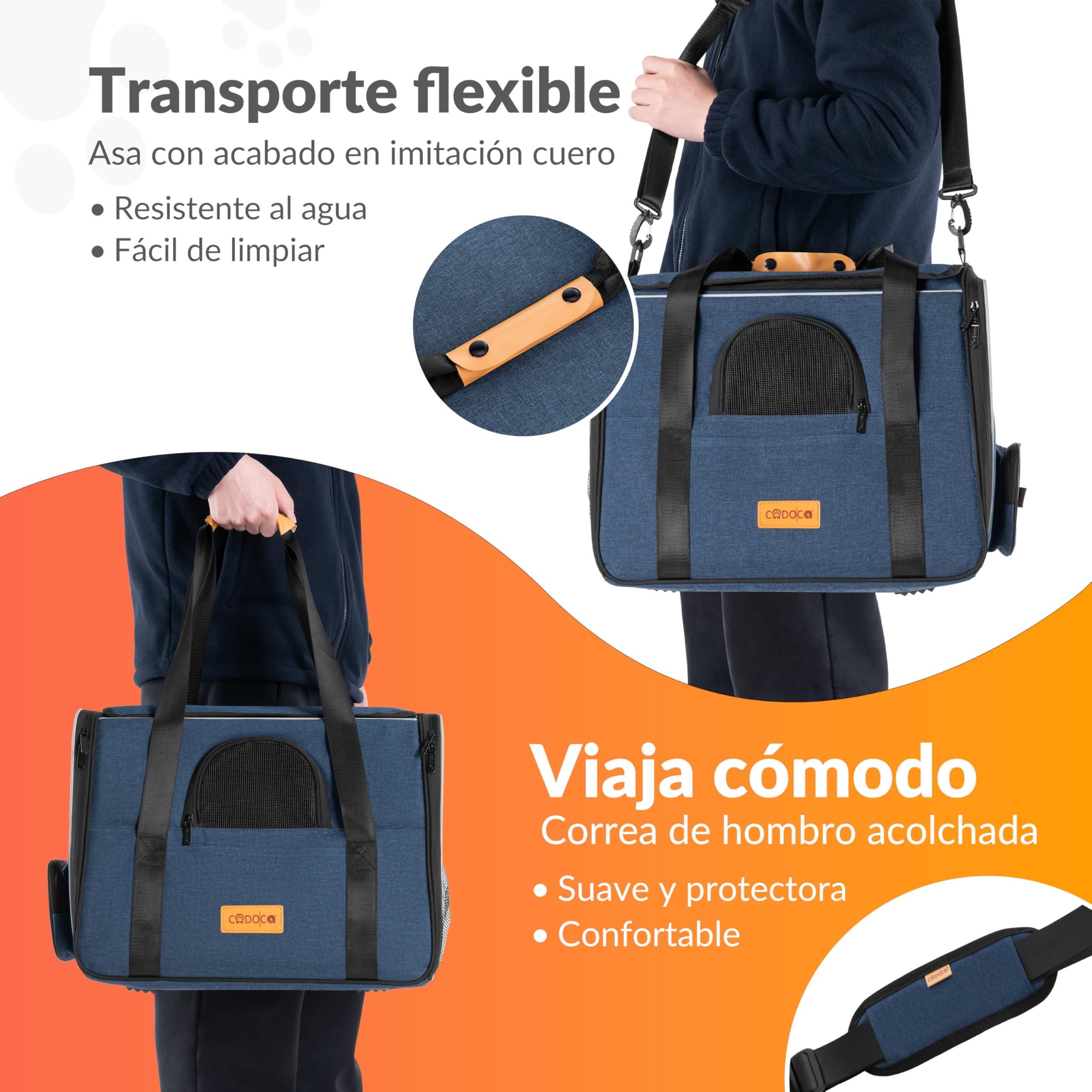CADOCA® Transportín Perros Gatos Plegable Bolsa Transporte Mascotas Cojín Comedero Bandas Reflectantes Compacto Ligero Viajes Coche Tren Azul