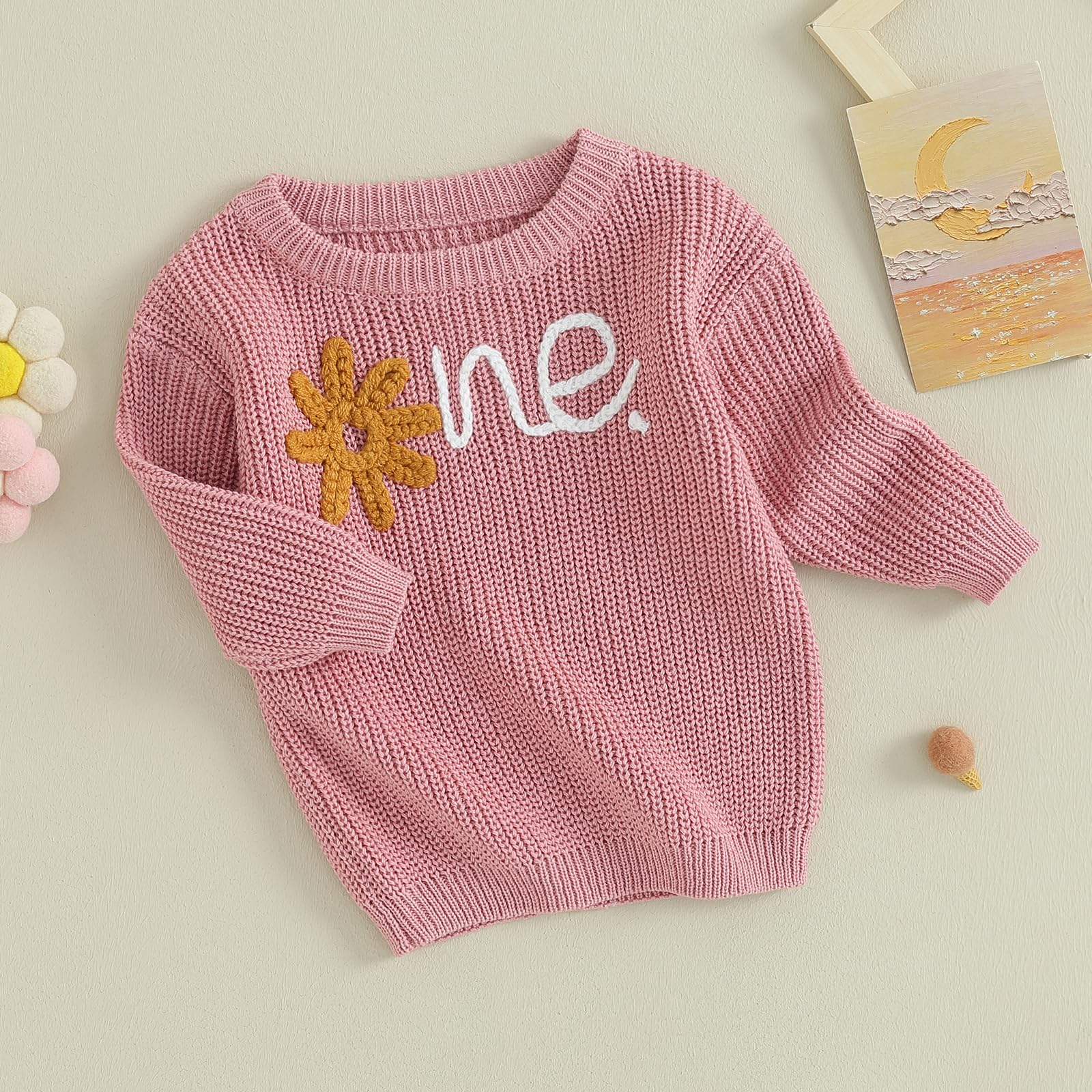 Baby Girl Knit Sweater Long Sleeve Boho Floral Letter Embroidery Oversized Sweatshirt Warm Fall Winter Clothes (Pink, 9-12 Months)