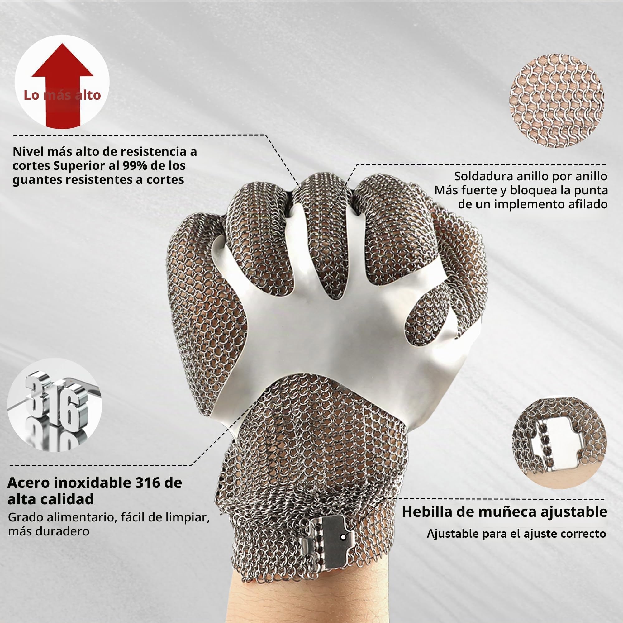 Schwer Guante de Malla Metálica Resistente a Cortes Máxima Protección para Carnicería, Procesamiento Alimentos, Afilado Cuchillos, Apertura Ostras, Cocina, Fileteado Pescado, S