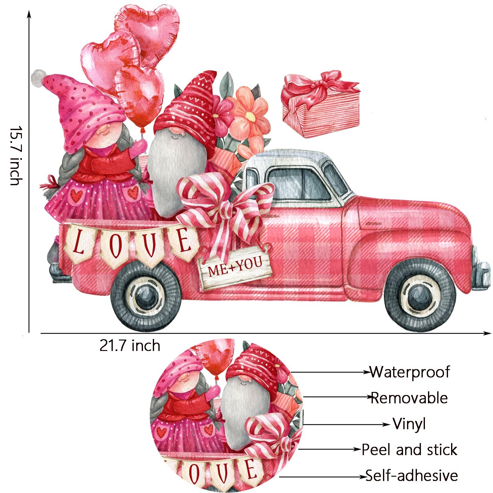 Valentine's Day Wall Decals - Red Truck With Gnome & Balloon Design, Self-Adhesive Vinyl Sticker For Home Decor - View #6