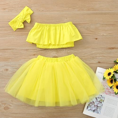 Miniatura 6 de POLG Trajes de bebé recién nacido, camiseta corta con hombros descubiertos, falda tutú de tul con diadema, ropa de verano de 3 piezas (amarillo, de