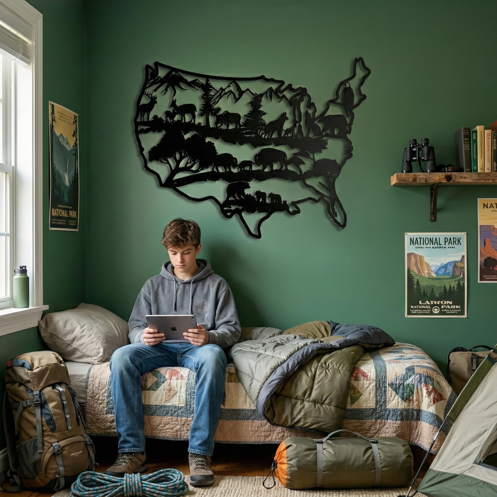 Decorazione da parete in metallo, con motivo "Us Wildlife", decorazione per la casa, soggiorno, decorazione da parete, decorazione per interni ed esterni (118 x 77 cm)