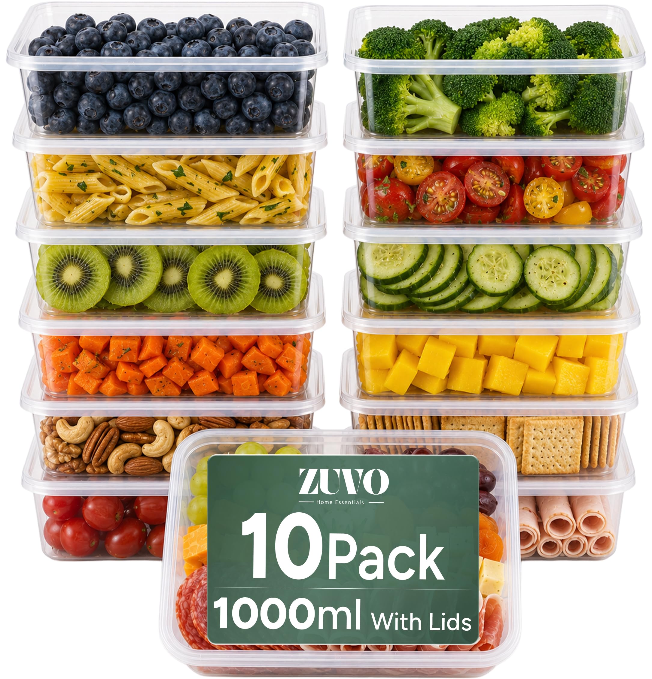 Zuvo Clear Plastic Food Containers With Lids, 10 Pack 1000Ml, Reusable