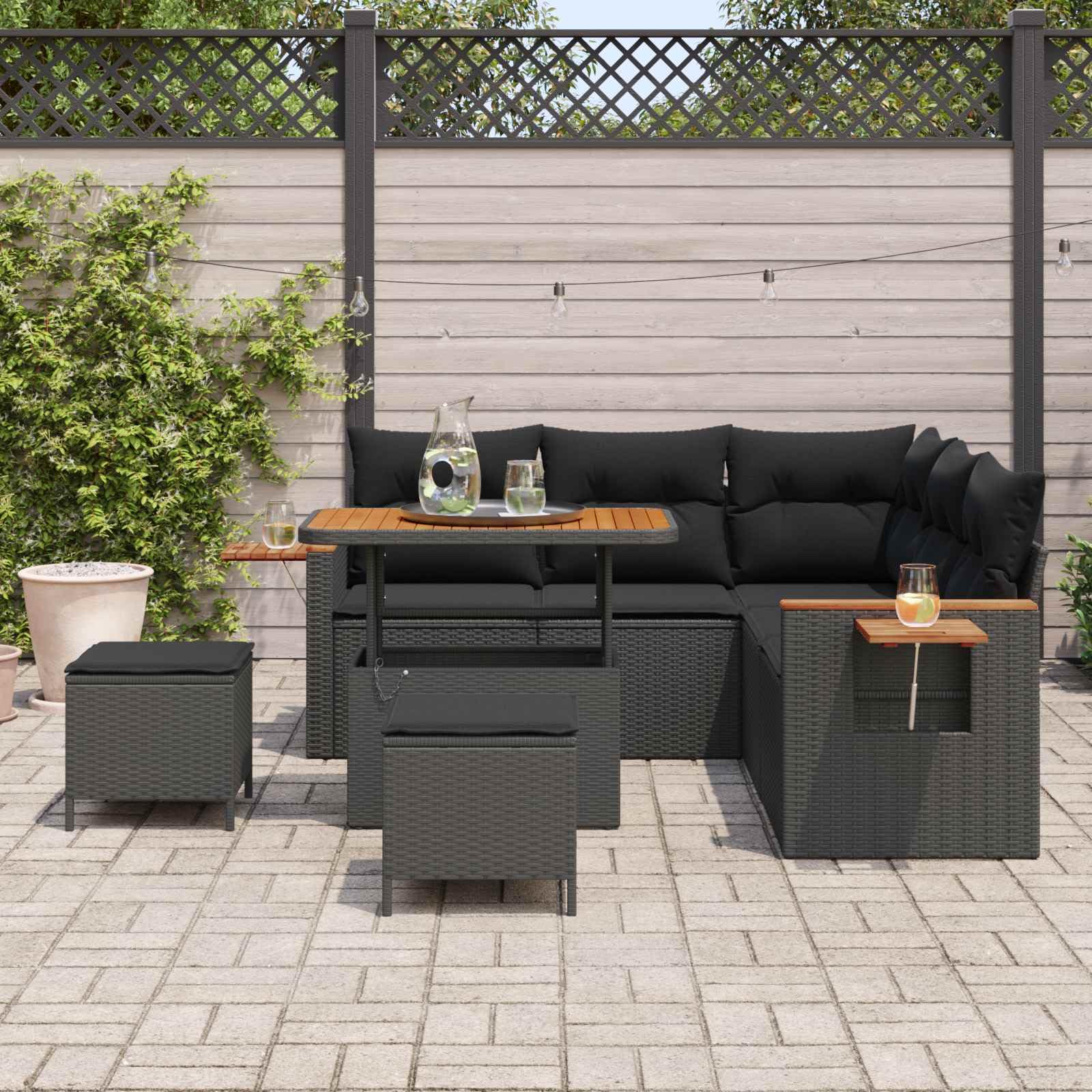Ensemble de canapé de jardin 8 pcs Noir Polyrotin Salon de jardin modulable avec coussins, Patio terrasse extérieur mobilier résistant intempéries et entretien facile, pour détente et réception