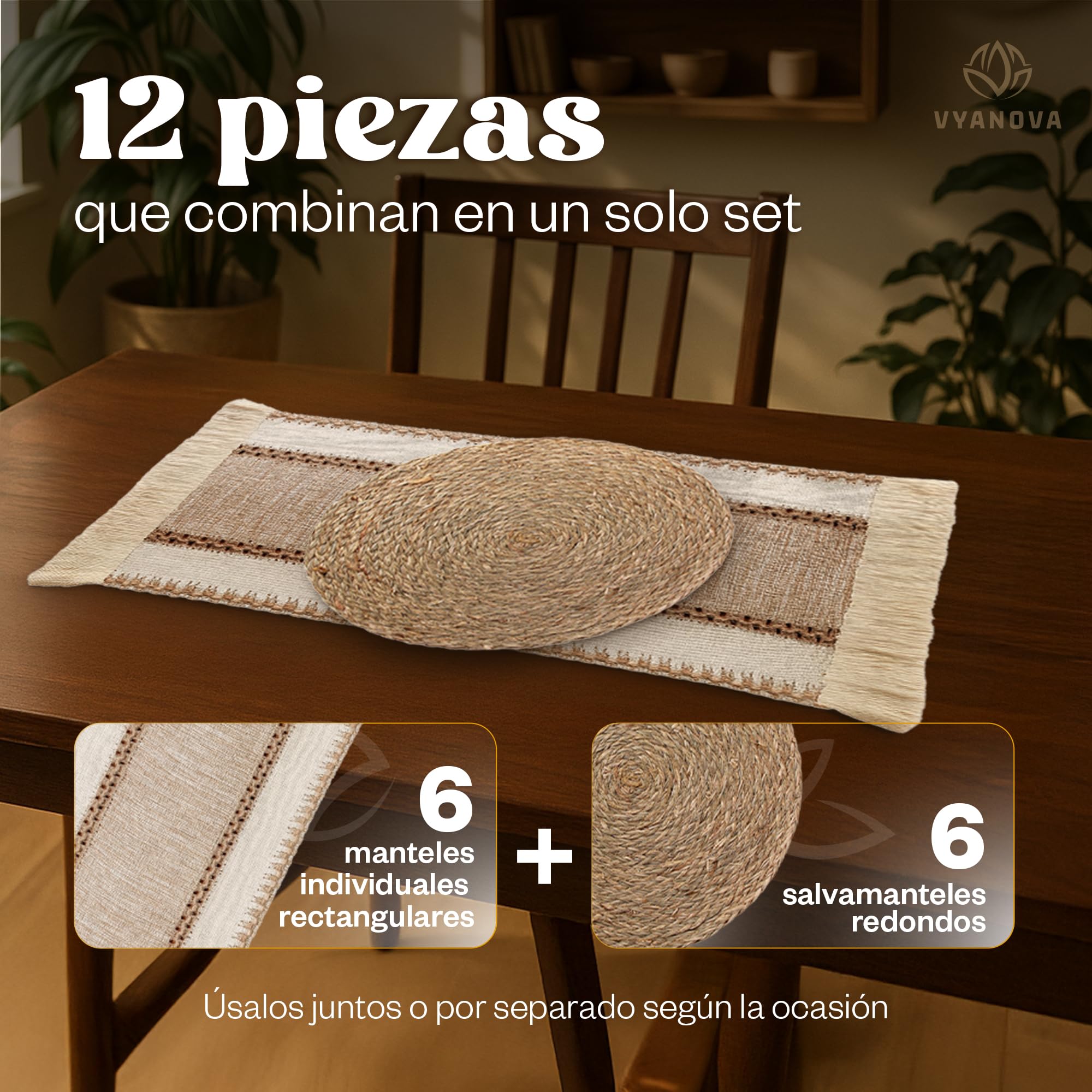 Manteles Individuales y Salvamanteles, Set de 12 Piezas, 6 Manteles Individuales 50 x 29 cm + 6 Salvamanteles Redondos 30 cm de Diámetro, Fibra Natural para Mesa de Comedor, Terraza y Jardín