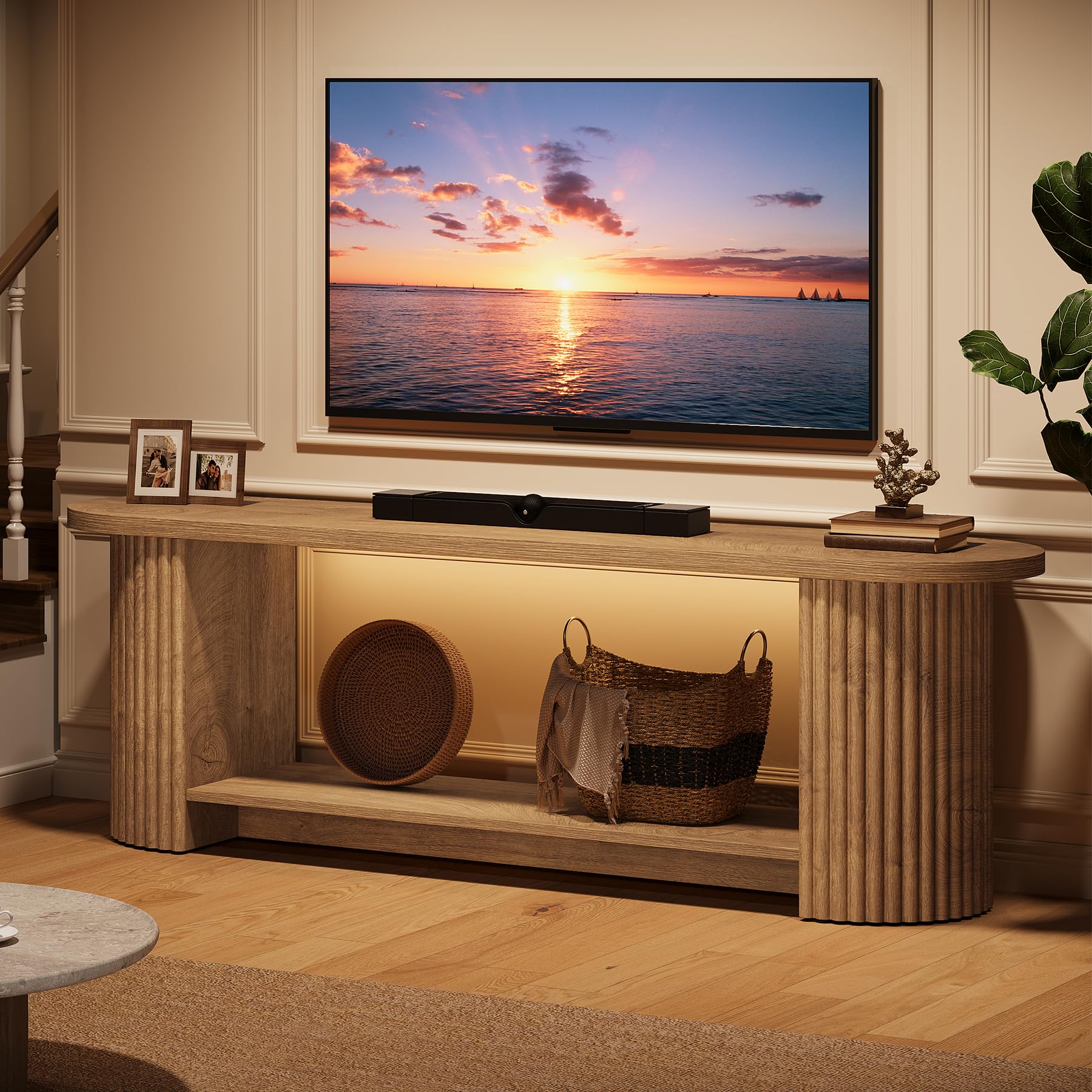 Tribesigns Mueble de TV de 160 cm, Mesa de TV de hasta 75 Pulgadas, Mueble para TV Rústico con Diseño Acanalado, Mueble Television con Almacenamiento para Salón, Dormitorio, Marrón