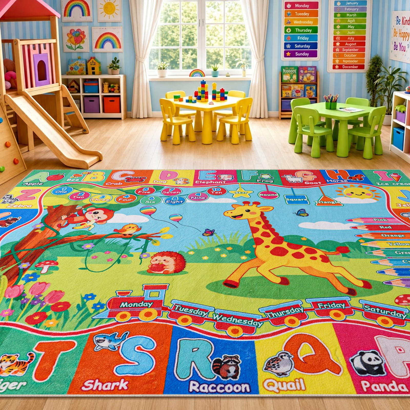 Rezutan Kinderteppich, ABC-Teppich für Spielzimmer, pädagogische Teppiche für Kinder, zum Lernen von Alphabet, Zahlen, Farben, Tierwörtern, weich und rutschfest, großer Teppich für Schule