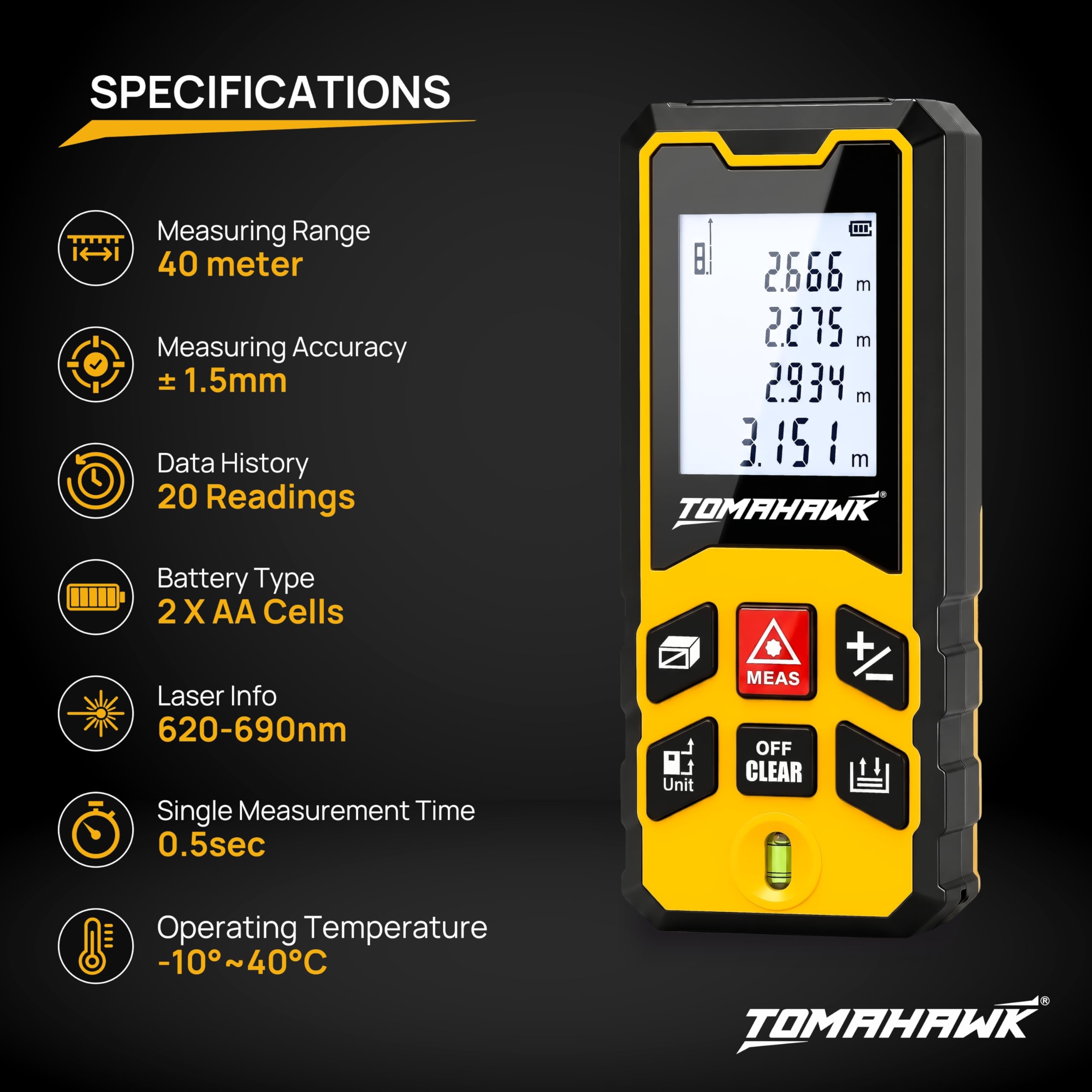 TOMAHAWK® TLM-O-40 Laser Distance Meter Measurer 131Ft/40M with Area, Volume and Pythagoras Measurement - Water and Dust Resistant Laser Measuring Device with Backlit LCD, Battery Included 2