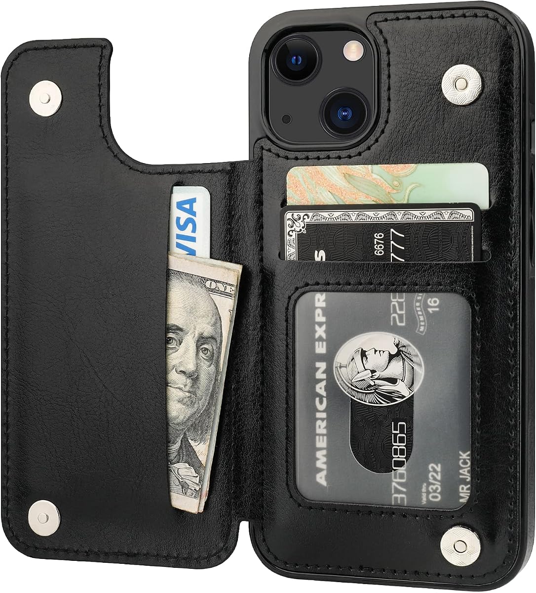ONETOP Funda tipo cartera para iPhone 13 con tarjetero, negro | Soporte para identificación/efectivo, cartera con ranuras para tarjetas, doble cierre magnético, funda duradera de piel sintética a prueba de golpes para mujeres y hombres