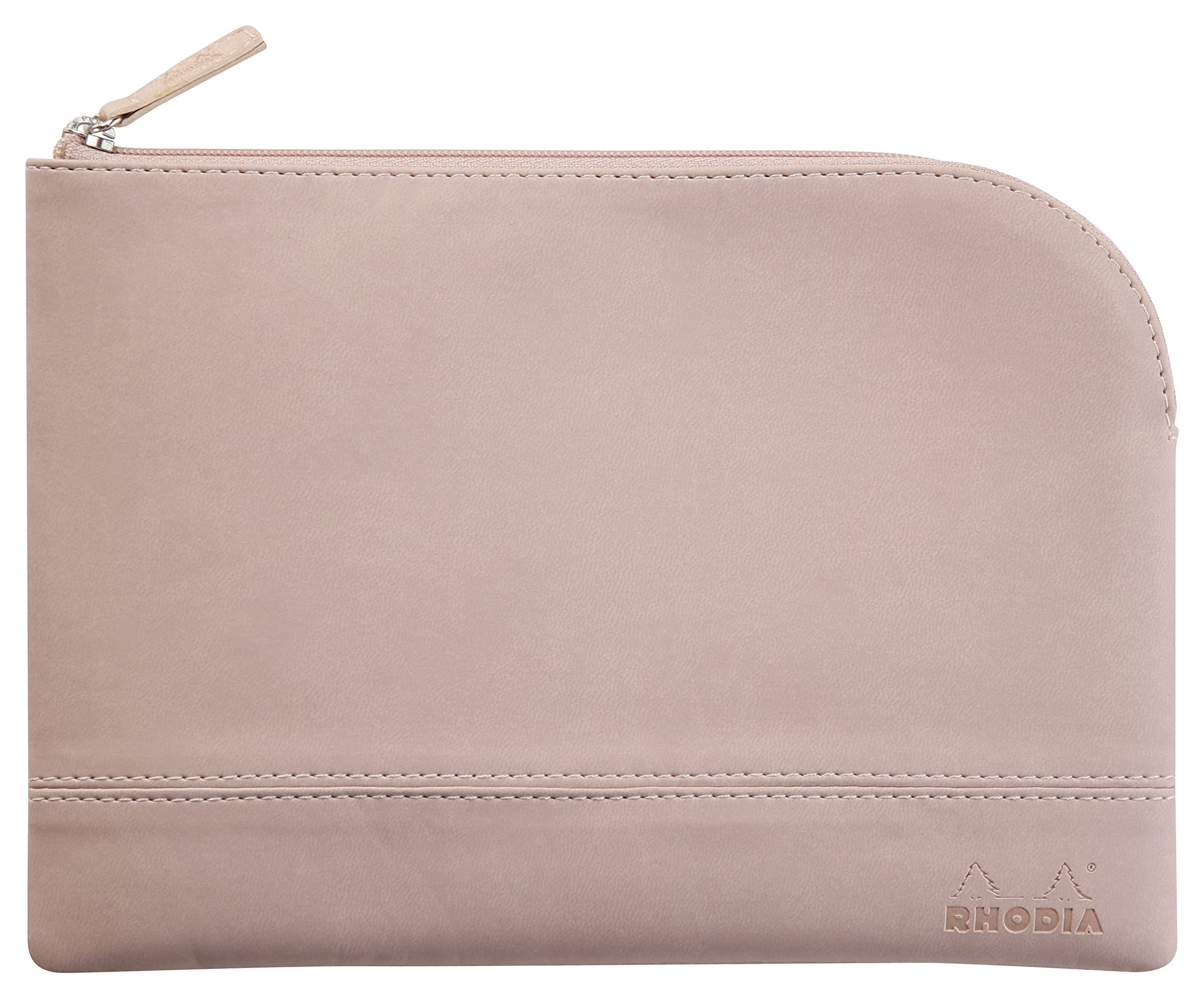RHODIA 116630C, Faux Leather Zipped Pouch, Pink, Size M (16 x 22 cm), Genuine Stitching, Orange Fabric Interior