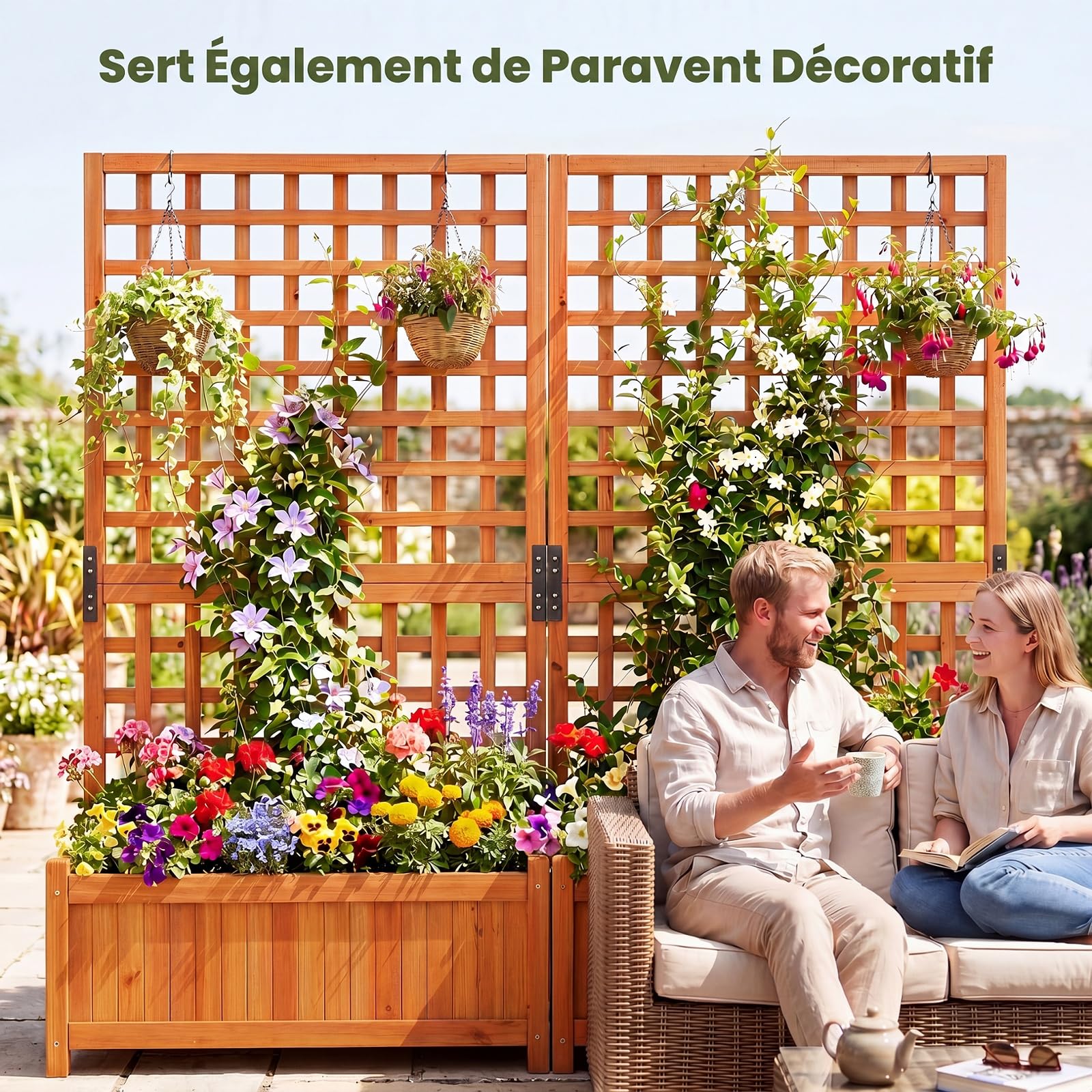 COSTWAY Jardinière avec Treillis en Bois, Bac à Fleurs Surélevé avec Trous de Drainage Fond Amovible, Jardinière Brise-Vue pour Plantes Grimpantes Légumes Fruits, 76 x 32 x 143 cm (Orange)