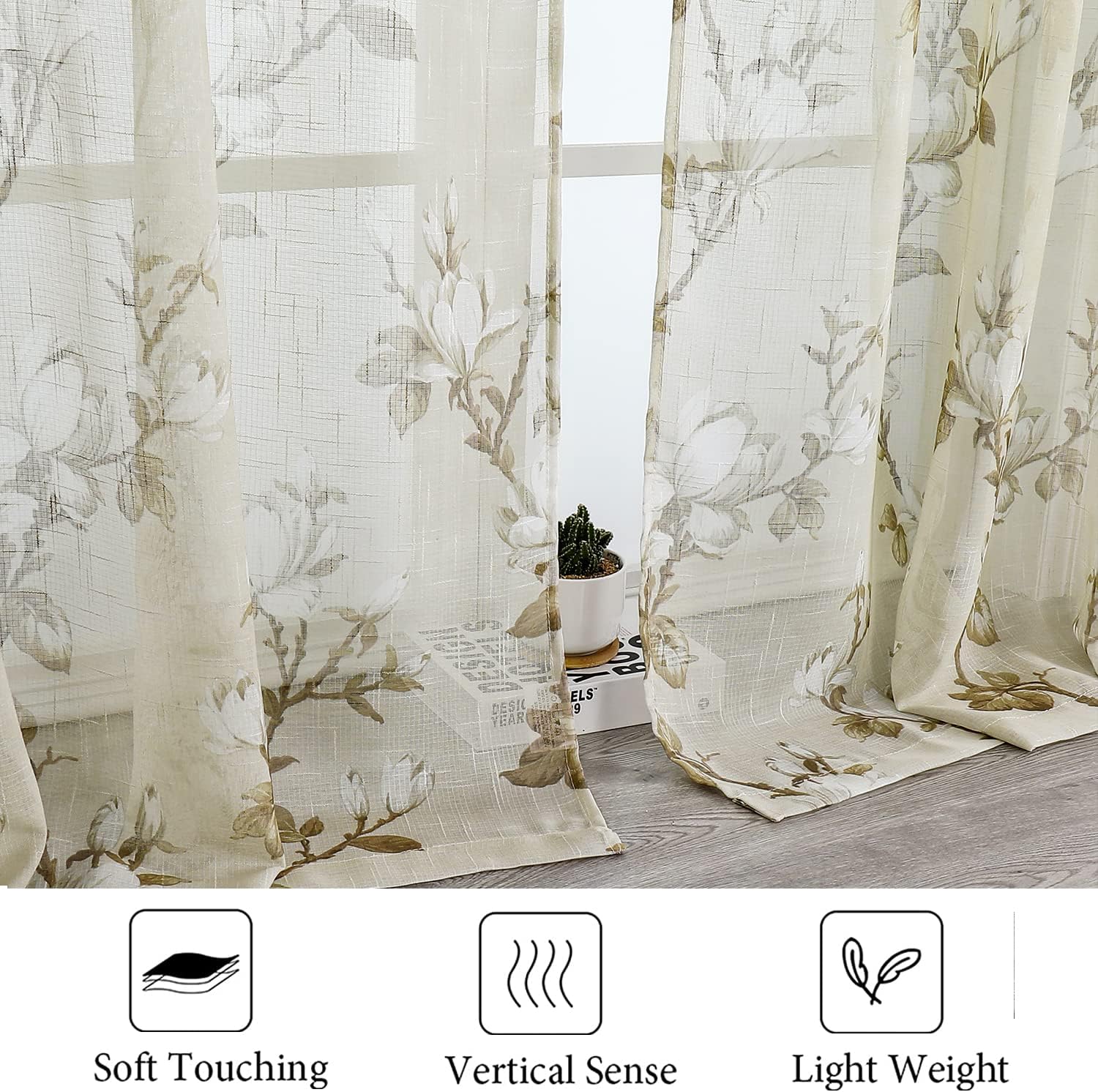 SMILE WEAVER Nature Yellow Sheer Curtains 54 inch Length for Living Room,Light Filtering Curtain 2 Panels,Voile Linen Textured Semi Sheer Floral Curtains for Bedroom/Kitchen Window Drapes
