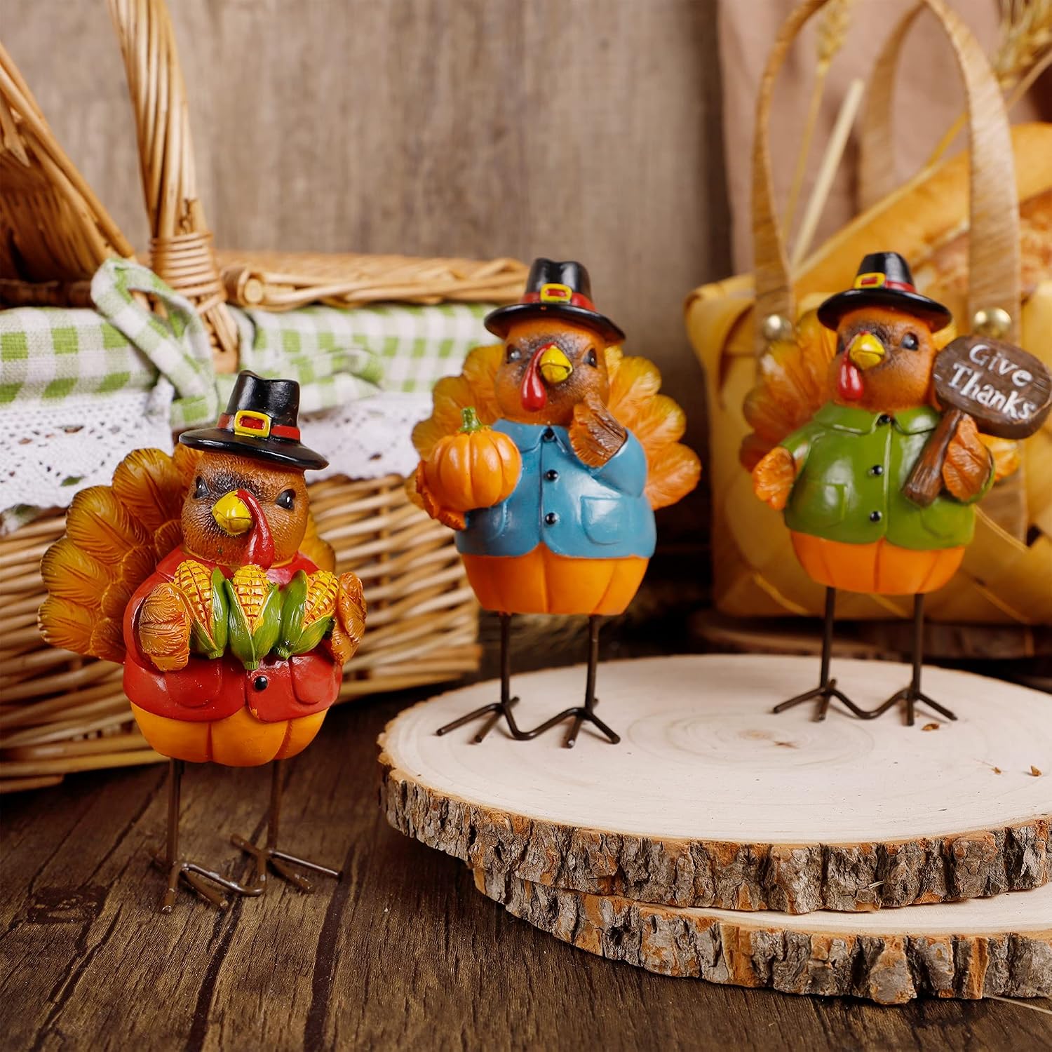 FORUP Thanksgiving Turkey Tabletop Centerpiece Decor, Set of 3 Resin Turkey Friends Decoration for Autumn Fall Thanksgiving Harvest Home Decorations image 4