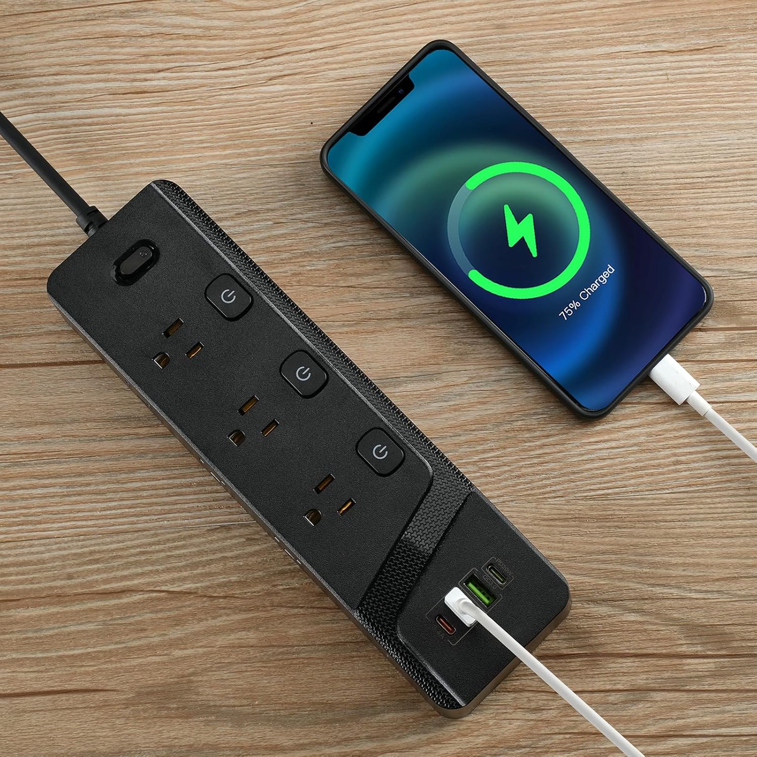 BOCHLON 6ft Extension Cord with MultipleOutlets, Flat Plug Power Plate with Long Cord, 6Ac Outlets,2 USB A(Qc3.0) and 2 USB-C(PD20W) Ports, Home Office Surge Protection (Black)