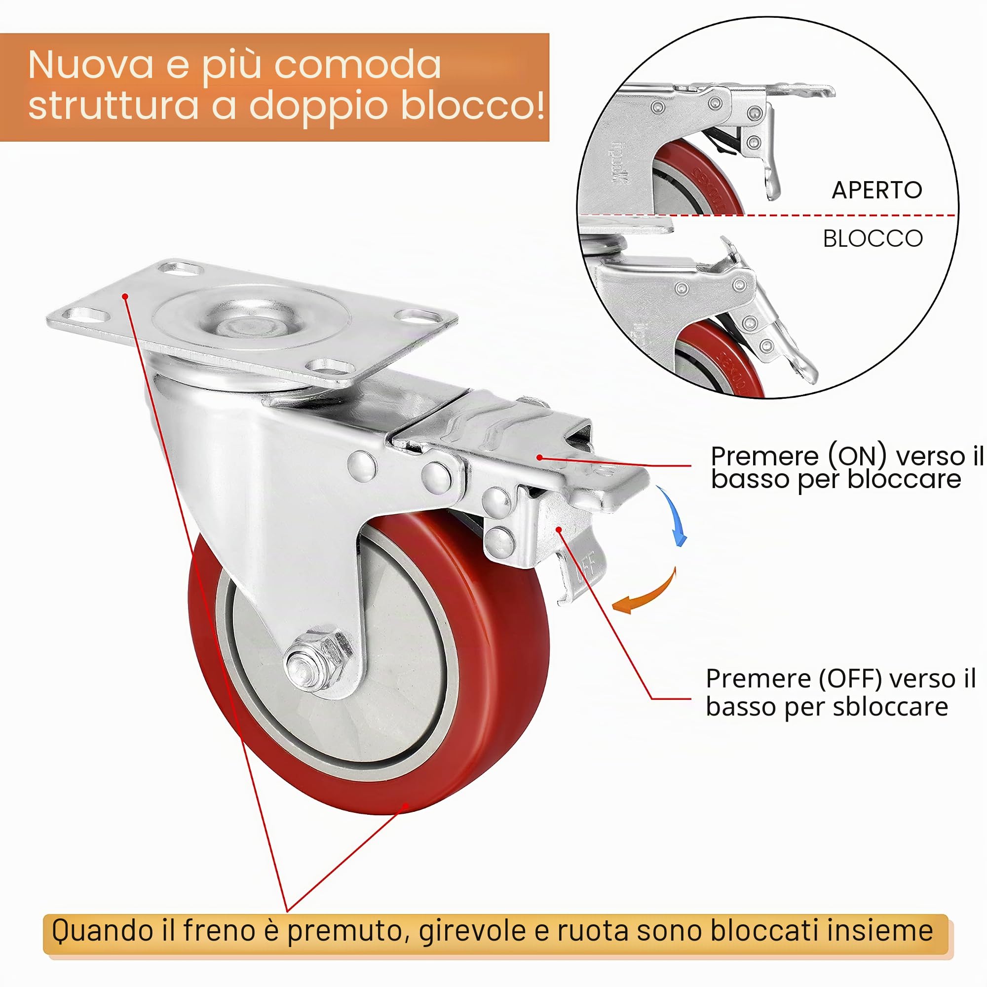 Set di 4 Ruote per Mobili 4 ruote girevoli mobili con freno + Viti - 100mm Portata Max 800kg,Rotelle per Mobili Silenziose Girevoli a 360°, Rotelle con Freno per Banco da Lavoro
