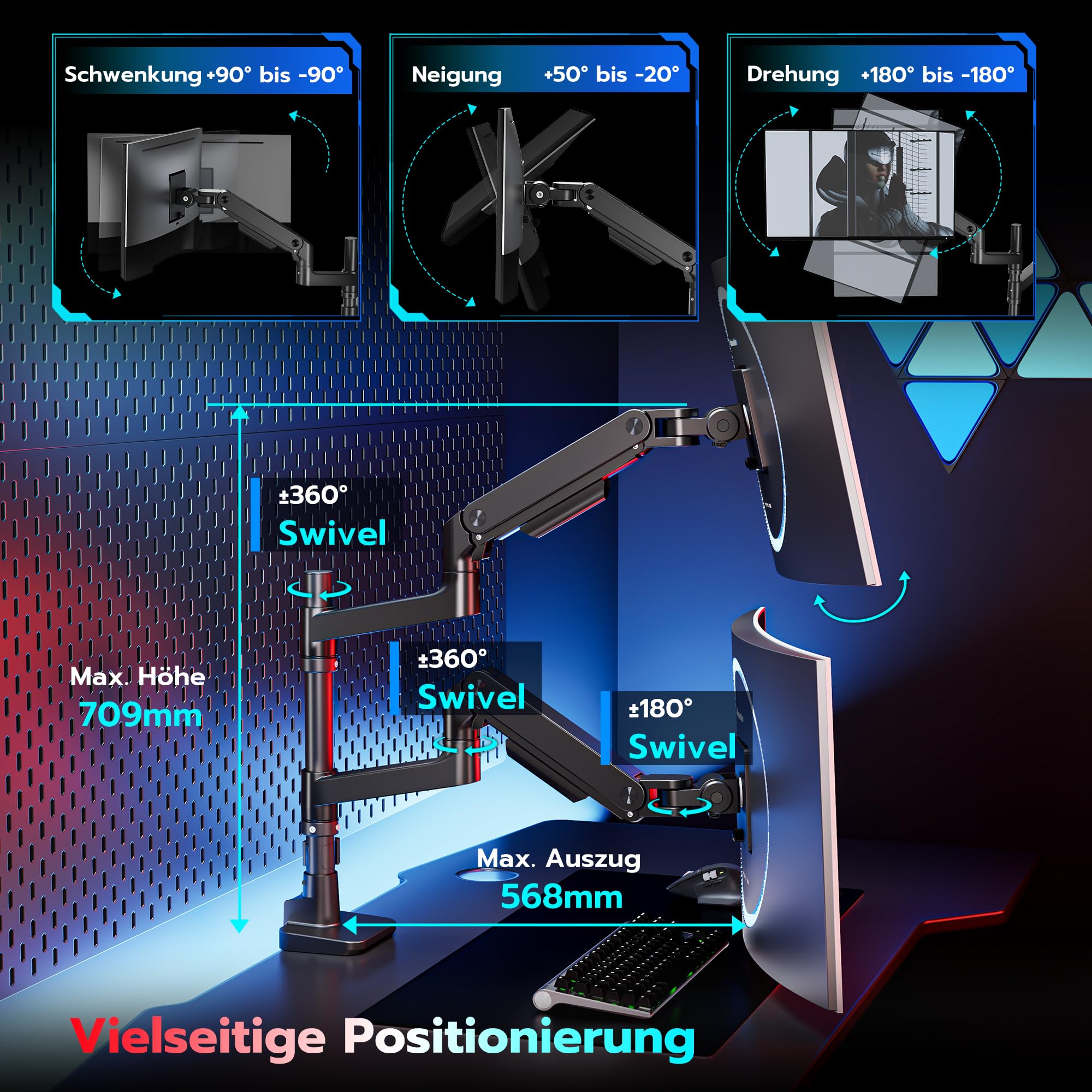 ARES WING Monitor Halterung 2 Monitore für 17-49 Zoll Bildschirme, Bildschirmhalterung Gasfeder，Monitor Arm Tragfähigkeit Max 20 kg/arm, VESA 75/100，Schwarz