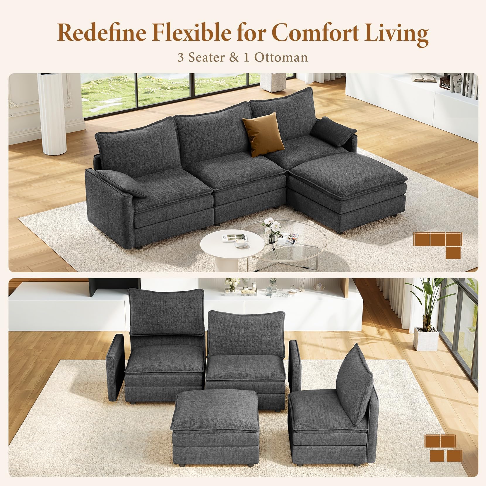 Comfy Cloud Couch with Movable Ottoman Deep Seat Chenille L Shaped Modular Sofa,108" Modular Sectional Sofa, Sectional Couches for Living Room, Bedroom and Apartment (Grey) — view 7