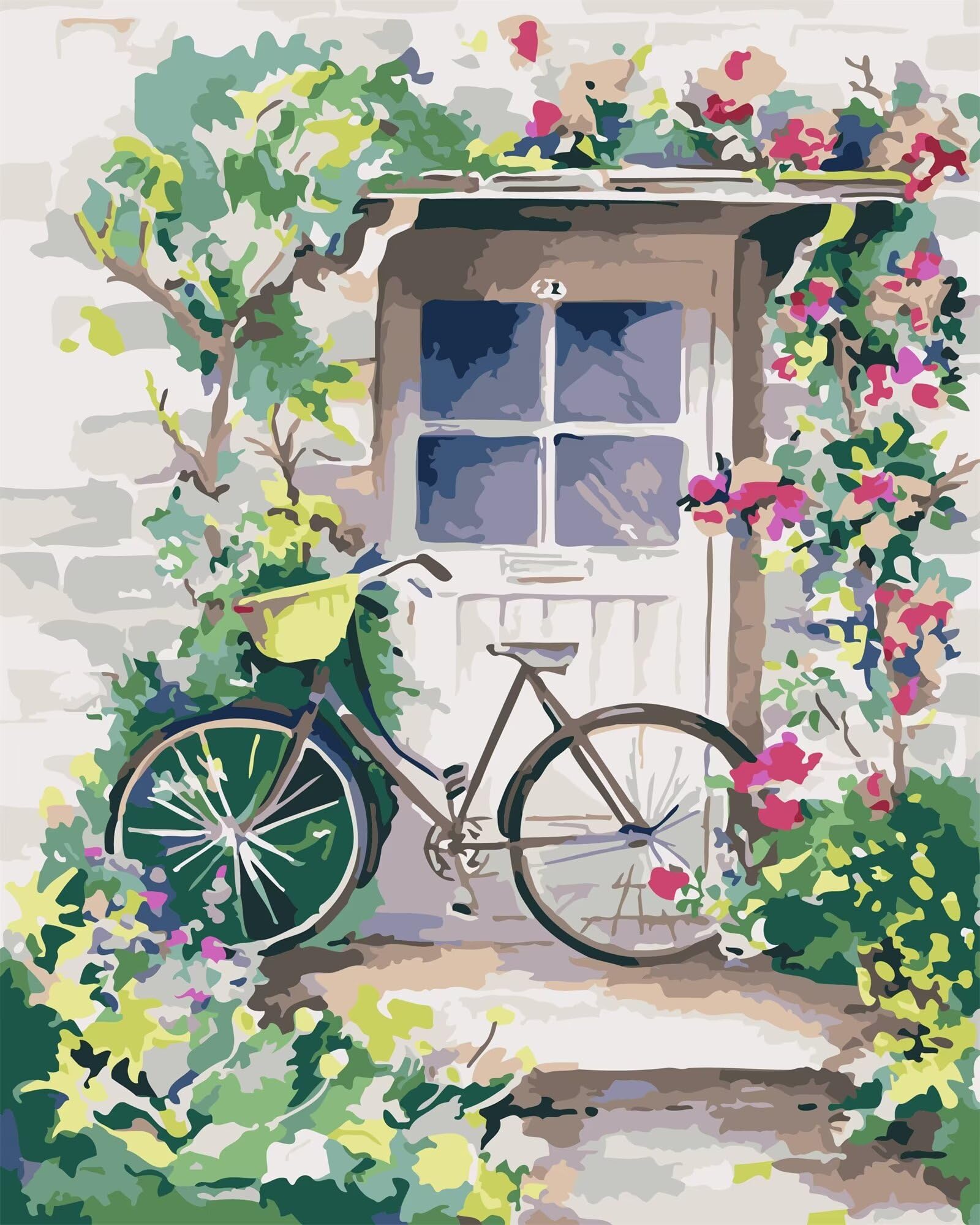 Yoonqun Malen Nach Zahlen Erwachsene,Tür Fahrrad Blume DIY ohne Rahmen Ölgemälde auf Leinwand Erwachsene Kinder Ölgemälde Kit mit Pinseln und Acrylfarbe für Home Décor 60x75cm