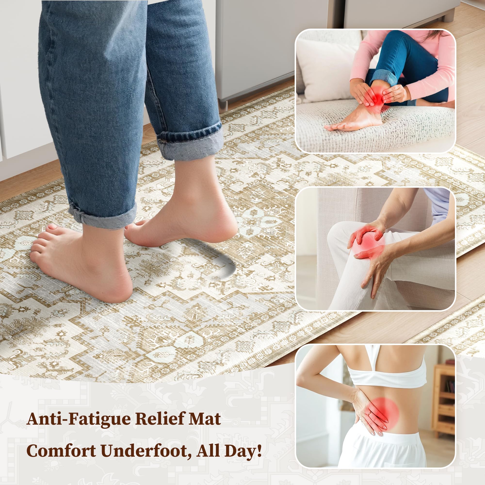 Boho Kitchen Mats - Beige Tan, Anti-Fatigue Rugs -3 Boho Kitchen Mats - Beige Tan, Anti-Fatigue Rugs -3