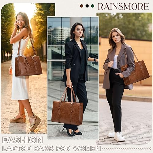 Miniatura 2 de RAINSMORE Bolsa de mano para laptop de 15.6 pulgadas para mujer, bolsa de mano de piel sintética, bolsa de trabajo ligera, color marrón