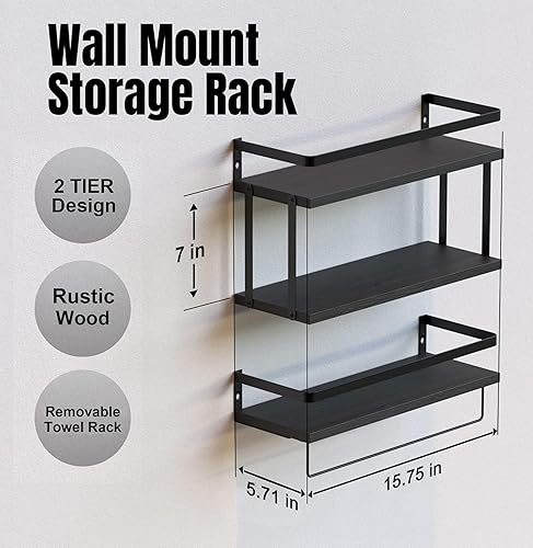 Miniatura 8 de RICHER HOUSE - Juego de 2 estantes flotantes montados en la pared de 2 + 1 niveles, estantes de pared de madera rústica con marco de metal, estante