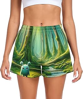 Green Comic Monster Forest Athletic Shorts with Pockets High Waisted Yoga Gym Running Shorts Womens Sport High Rise, Small