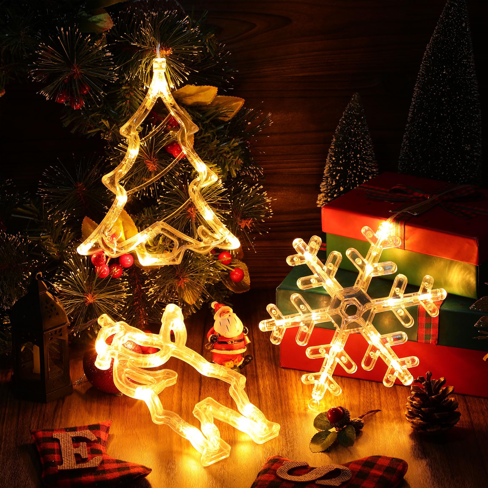 Tujoe 10 Stück Weihnachts-Fensterlichter, Dekorationen, beleuchtete Fenster-Silhouetten-Lichter mit Timer, Saugnapf, batteriebetrieben für Weihnachten, Urlaub, Neujahr, Innen- und Außendekoration