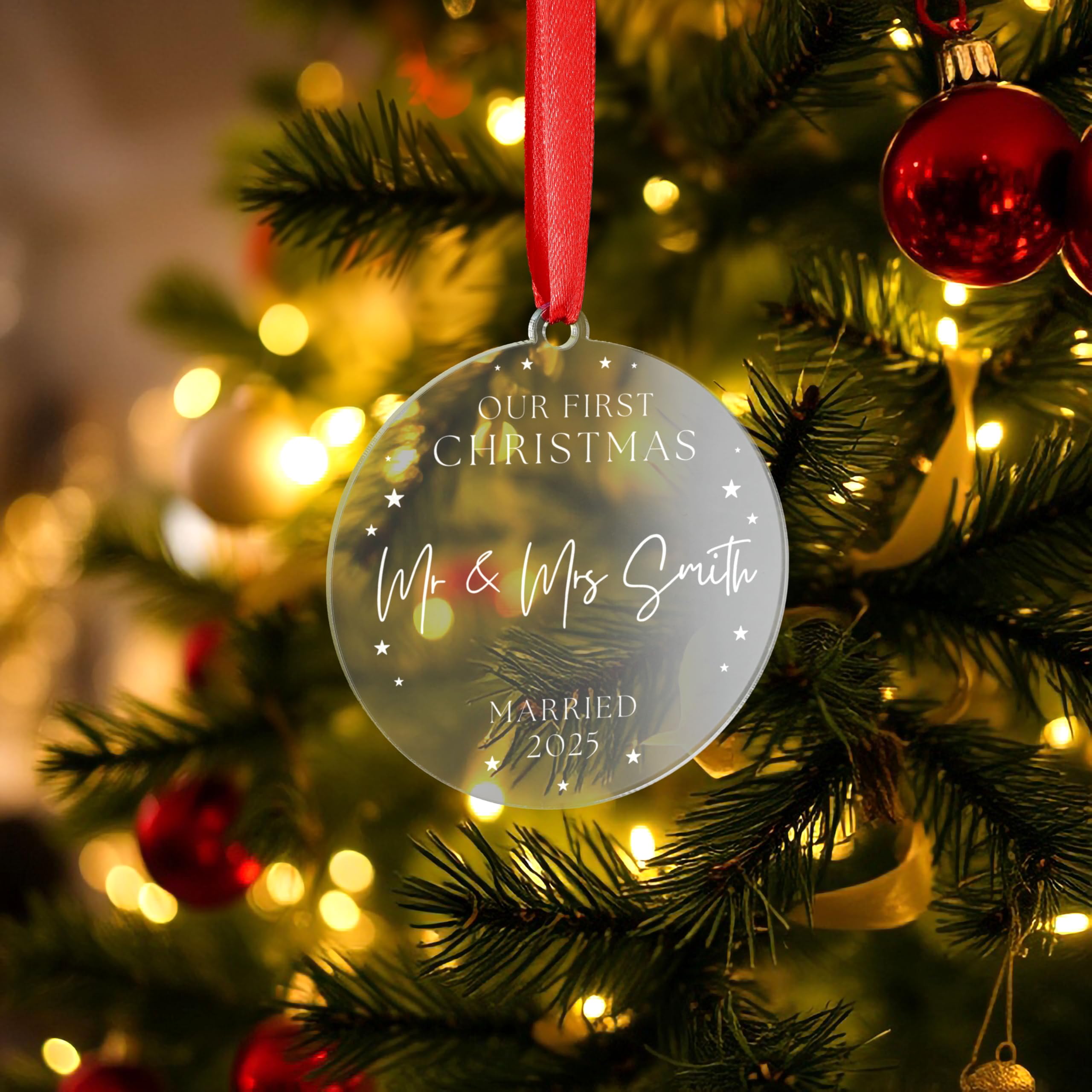A1 Graphics Ltd Clear Personalised Christmas Bauble Ornament Couples Gift Newly Weds Engagement Wedding Present Stars Design (Clear)