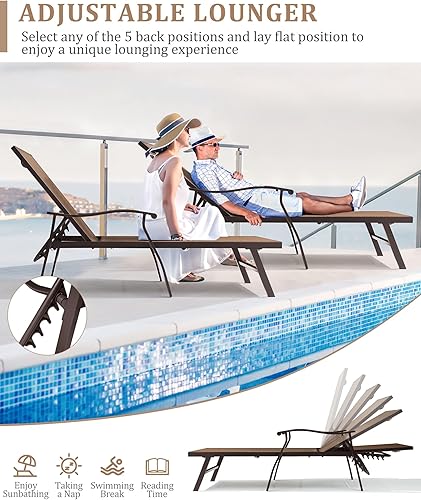 Miniatura 3 de VredHom Juego de 2 sillones para exteriores, tumbonas para patio, 5 posiciones, respaldo ajustable, reclinable, reposabrazos ergonómico, para todo