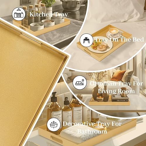 Miniatura 7 de MAONAME Bandeja decorativa dorada para mesa de café, moderna bandeja para servir con asas, bandejas otomanas de plástico para sala de estar,