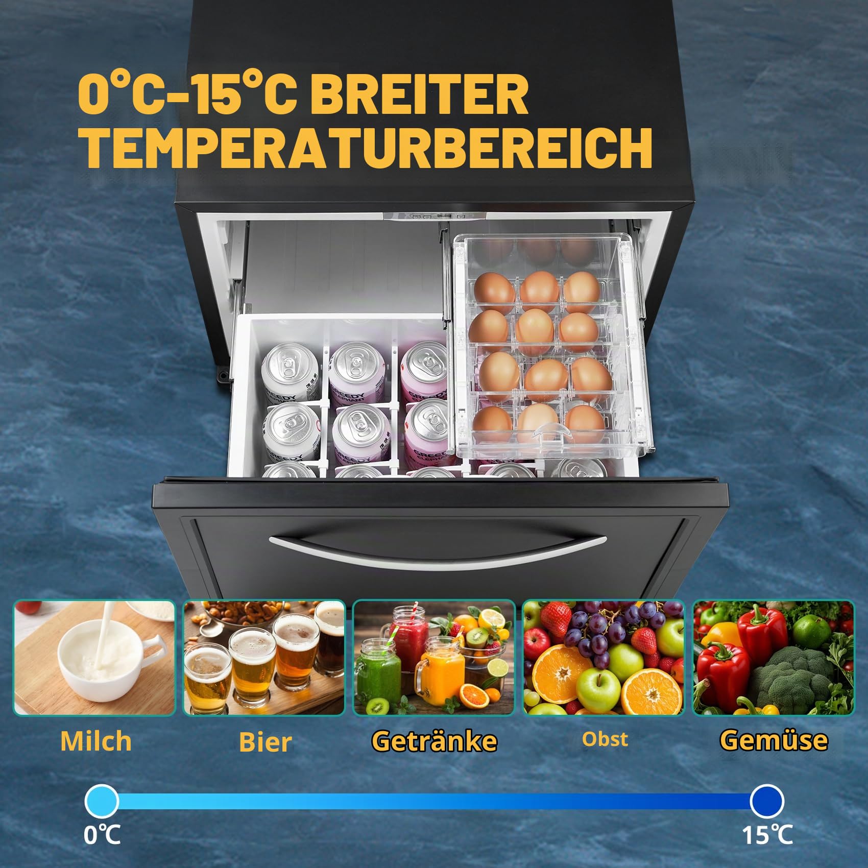 SMETA 45L Camping Schublade Kühlschrank, Absorber Auto kühlschublade Leiser Betrieb, 12V 230V Camper kühlbox für Wohnmobil, Reise, Auto, Boot, LKW, Camping, Schwarz Verstellbare Füße, 0-15°C