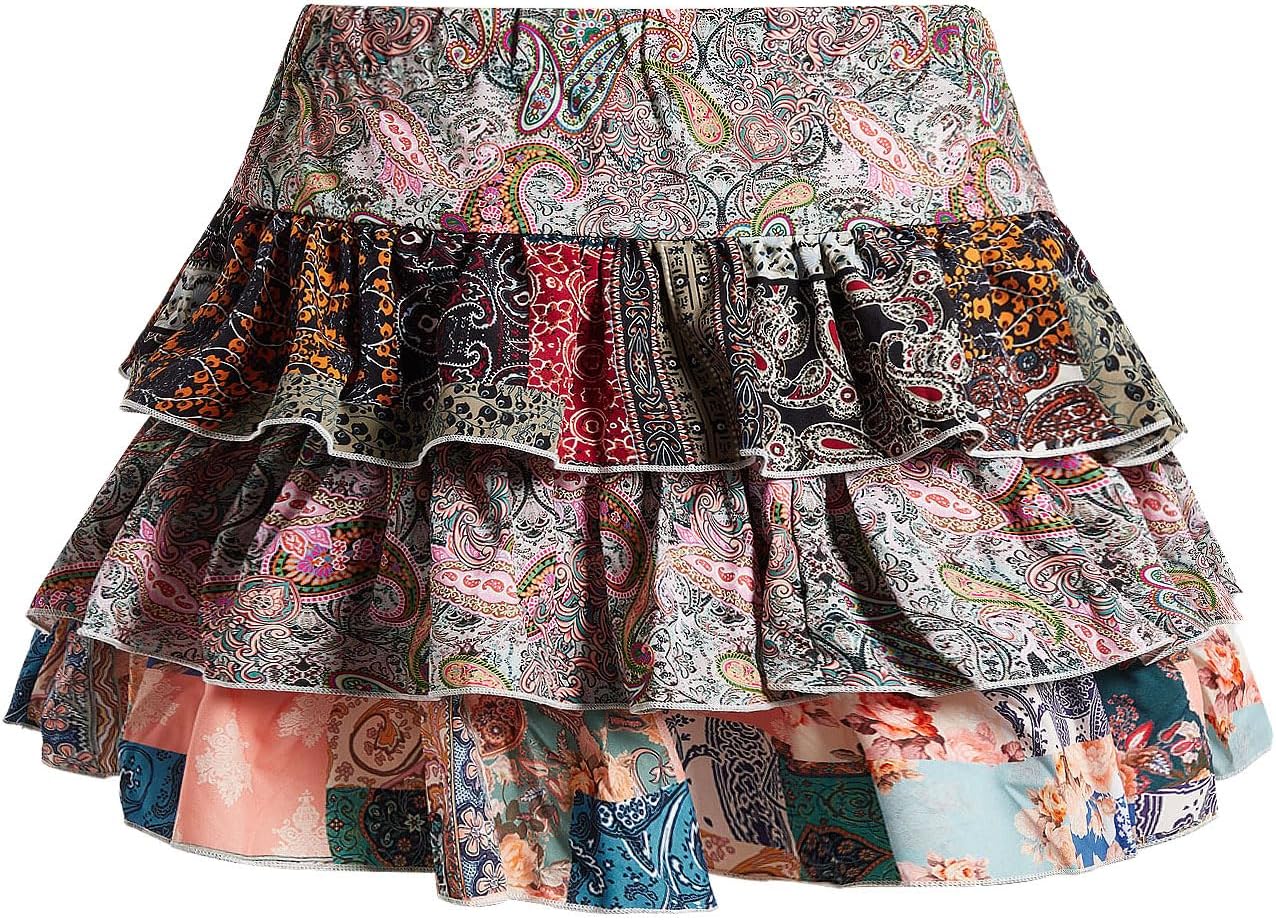 MakeMeChic Women's Plus Size Mini Skirt Paisley Print Ruffle Tiered A Line Boho Summer Skirts - Image 3