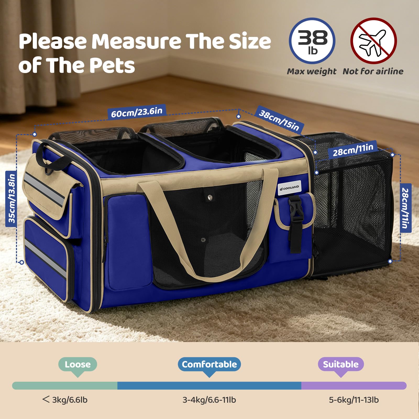 Odoland Boîte de transport pour 2 chats - Pliable et extensible - Sac de transport respirant avec bandoulière et bac à litière - Idéal pour les voyages, la voiture - Bleu