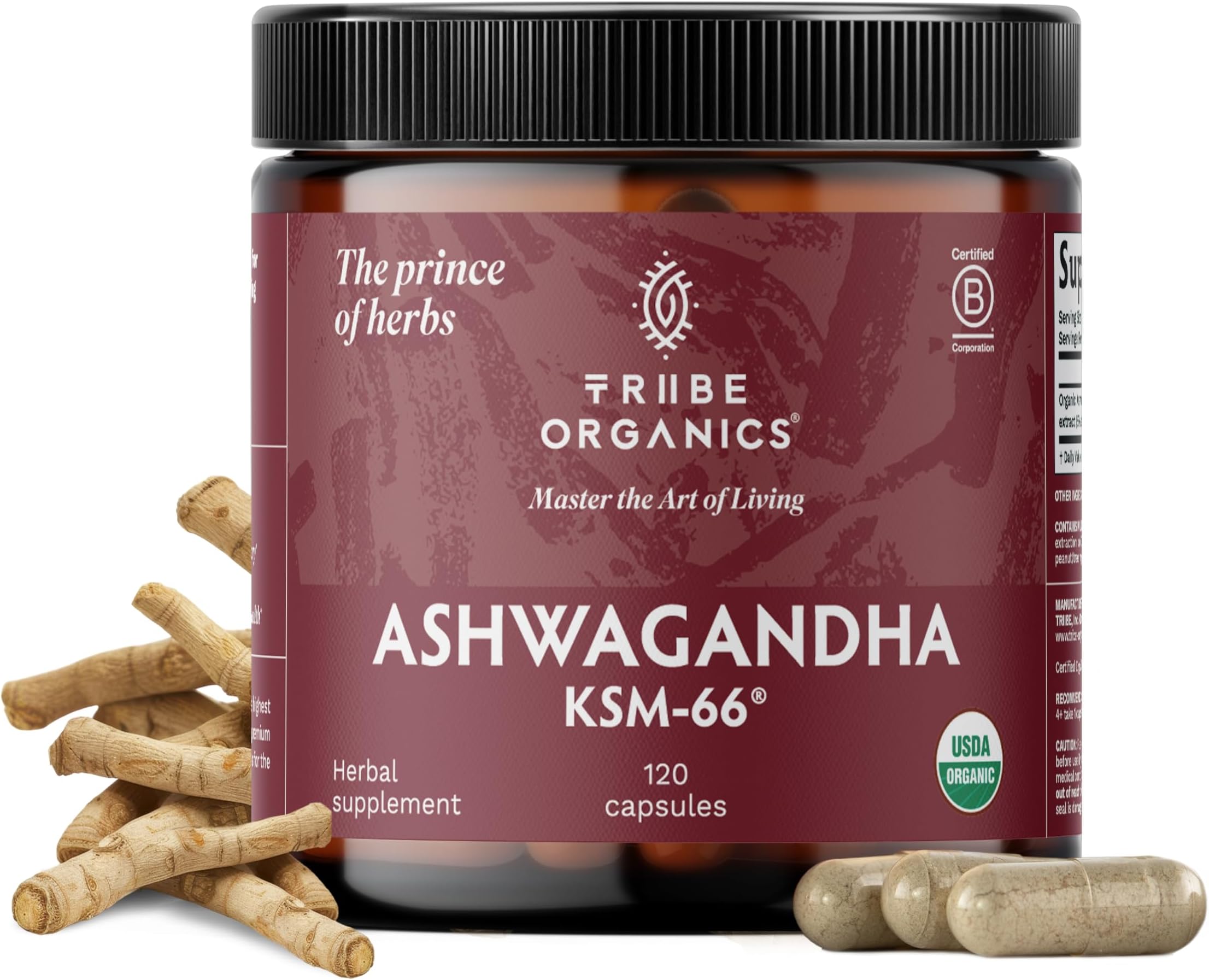 - TRIBE ORGANICS Ashwagandha KSM 66 Pure Organic Root Powder Extract Ayurvedic Supplement - Focus, Mood Support, Increase Energy, Strength, 600mg of Natural KSM66 for Superior Absorption - 120 Capsules