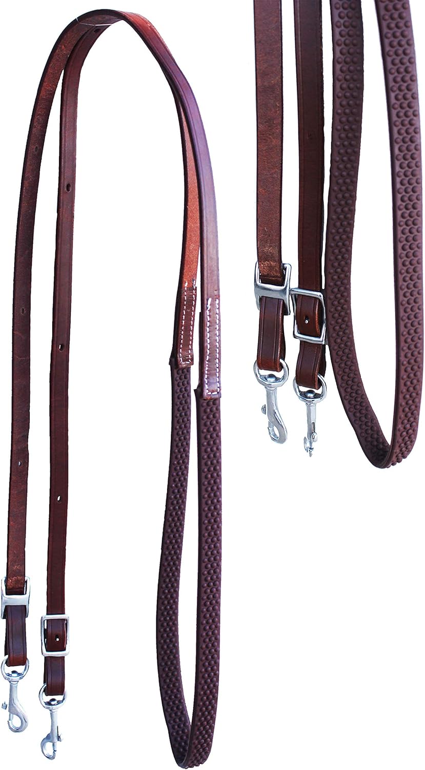 CHALLENGER Horse Western 8' Brown Leather Ribbed Rubber Grip Barrel Reins Brown 805LR13BR