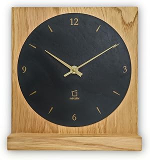 Stein Schiefer Tischuhr - Ortler - Holz Eiche Massivholz (Schiefer Schwarz/Eiche geölt, Funkuhrwerk)