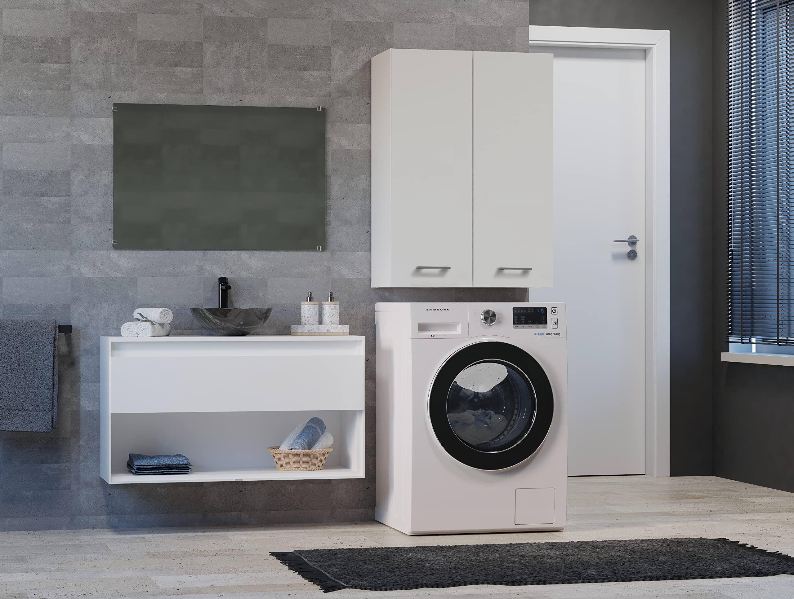 CDF Mobile Bagno Pensile Sospeso Sopra Lavatrice Scaffale a Muro con Ante Lunghe 4 Ripiani Chiusi Lavanderia 64 x 90 x 30 cm - Bianco