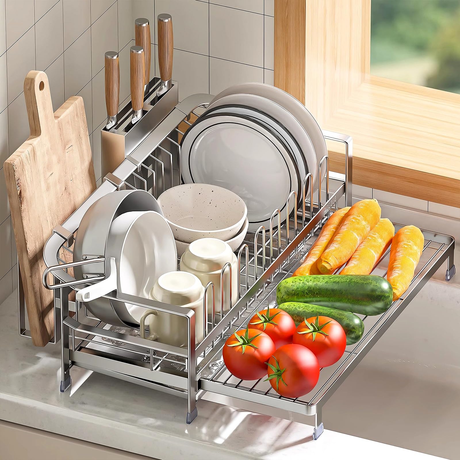 Stainless Steel Kitchen Sink Caddy Organizer with Knife and Cutting Board Rack Large Capacity Over The Sink Dish