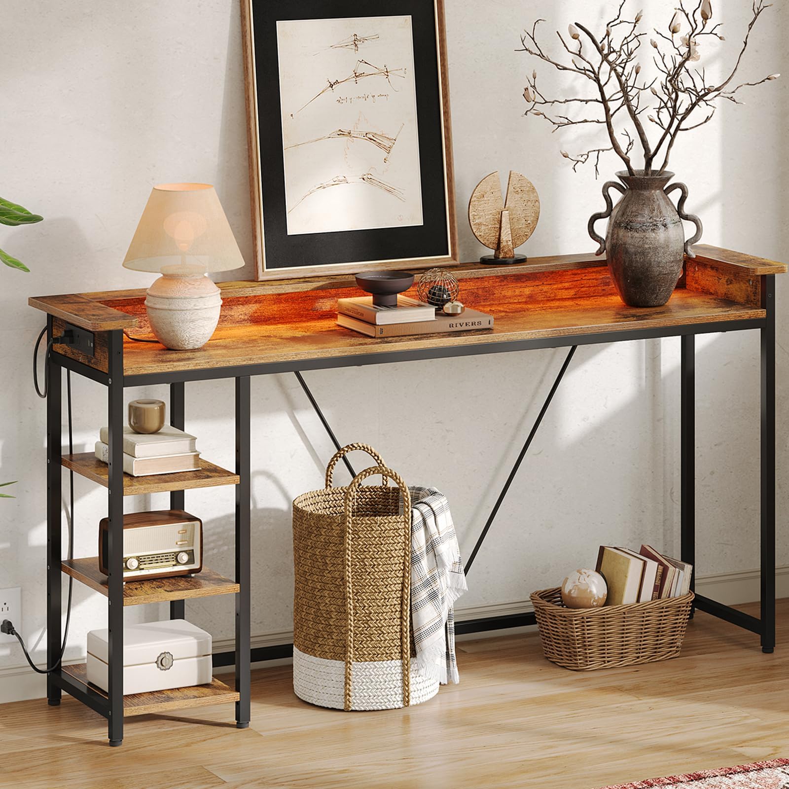 GOLDDAY Console Table with Power Outlets and LED Lights, 47.2 Inch Multi-Functional Sofa Table Behind Couch, 4-Tier Entryway Table for Small Space, Hallway Storage for Living Room, Foyer