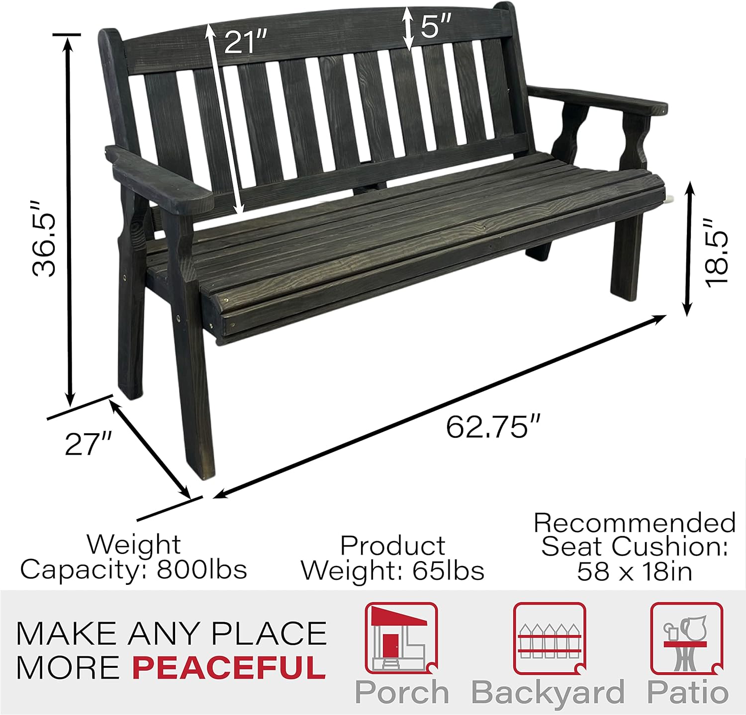 Amish Casual Outdoor Heavy Duty 800 LB Mission Pressure Treated Garden Bench(5 Foot, Semi-Solid Black Stain)